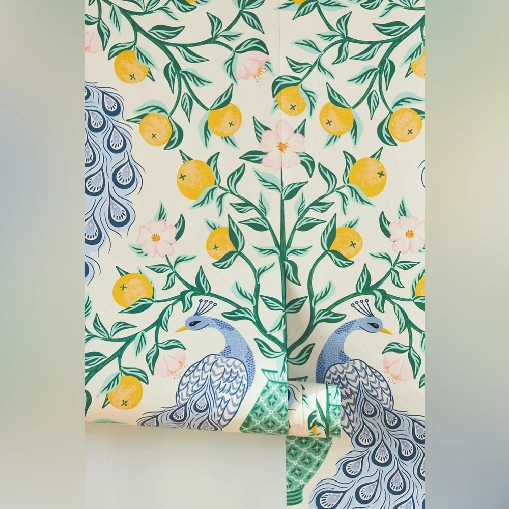 New Anthropologie Home Decor Milton & King Lemon Peacock Wallpaper Wall Paper